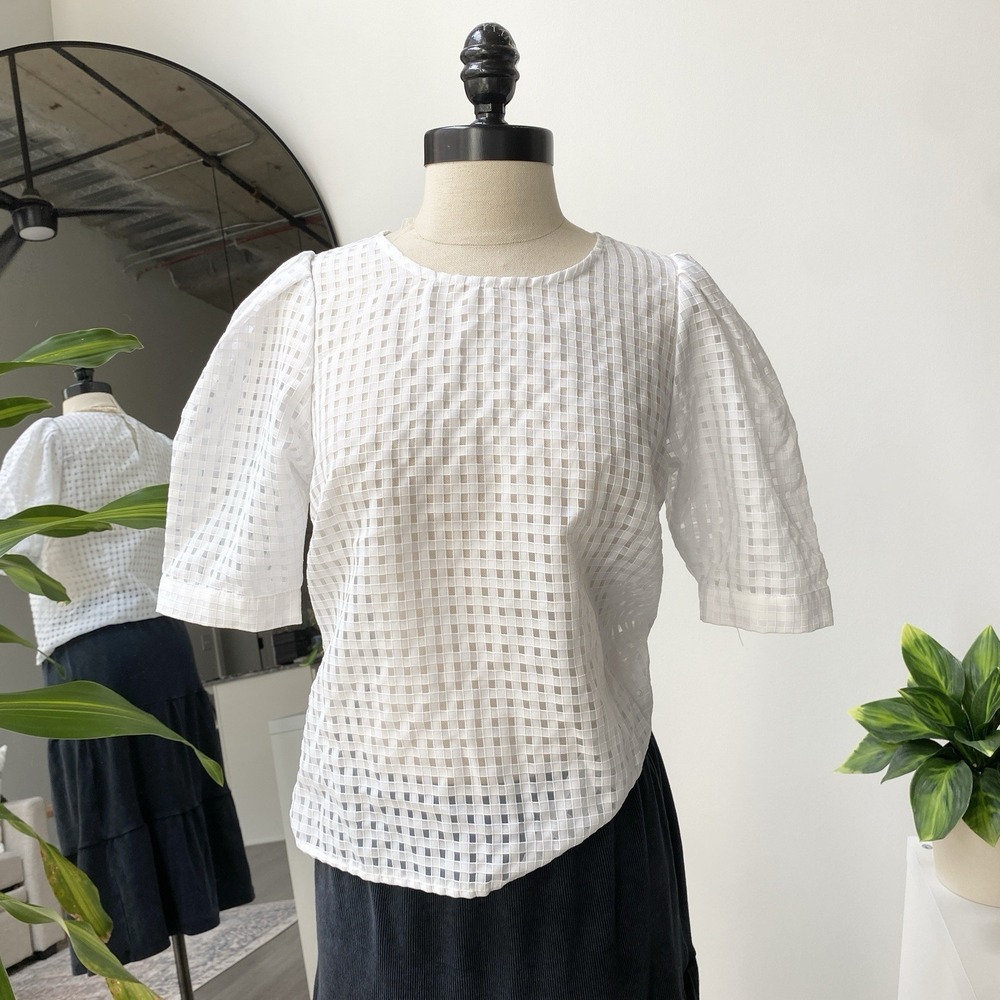 Stradivarius White Puff Sleeved Checkered Cutout Medium Short Sleeve Coastal